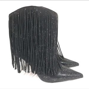 I.N.C. International Concepts Sahoj Western Fringe Booties Black Bling 9.5W